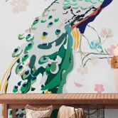 Tiertapete Bunt - Vliestapete Pfau Natur - Vogeltapete Blumen Floral Weiß 