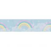 Borte mit Regenbogen und Wolken Blau Bunt - Kinderzimmer Bordüre mit Vögeln 