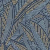 Papier peint jungle avec motif de feuilles bleu or - Papier peint intissé exotique moderne & expressif 