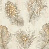 Papier peint intissé avec motif de plumes dans les tons beige et marron sur fond crème 
