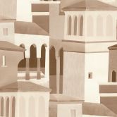 Papier peint intissé avec motif architectural dans les tons beiges et bruns 