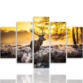 Tableau sur toile 5 pièces, forêt de cerfs au coucher du soleil 