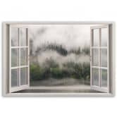 Leinwandbild, Fensterblick Wald im Nebelsee 
