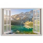 Leinwandbild, Fensterblick Wald im Nebel Berge 