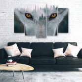 Wandbild 5-teilig, Wolf Wald Nebel Natur Bäume 