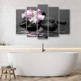 Leinwandbild 5 teilig, Steine Rosa Blume Zen 