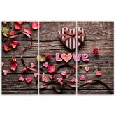 Tableau sur Toile en 3 parties Coeur Amour Fleurs Vintage 