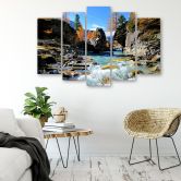 Leinwandbild 5 teilig, Berge Wasserfall Felsen 