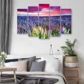 Leinwandbild 5 teilig, Blumen Wiese Lila 