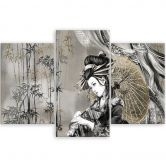 Leinwandbild 3 teilig, Geisha und Bambus 