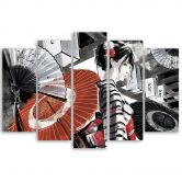 Leinwandbild 5 teilig, Geisha mit einem Fan 