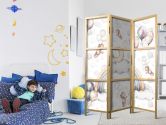 Japanischer Paravent, Raumteiler freistehend, Trennwand - Plush Bears with Balloons - Pastel Colors 