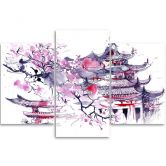 Leinwandbild 3-teilig, Pagode Kirschbaum Japan Gemalt 
