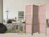 Japanischer Paravent, Raumteiler freistehend, Trennwand - Giraffe Pattern in Blue-Pink Spots 