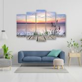 Leinwandbild 5 teilig, Steg Strand Sonnenuntergang  