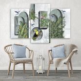 Leinwandbild 3 teilig, Formen in der Wand mit Pflanzen und Vögeln Toucan Koliber 