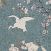 Japandi Stijl Fotobehang - Kraanvogels in Kersenbloesem Rush Blauw - Bloeiende Decor 