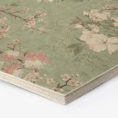 Tableau sur bois hexagonal grues dans l'ivresse des fleurs de cerisier Vert - Bloomery Decor 