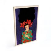 Holzbild Frau mit roter Blütenkrone und Vogel - Hülya 