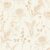 Vliestapete mit Blumen und Vögeln Weiß Braun - Tapete floral im Zeichen-Stil 