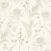 Vliestapete mit Blumen und Vögeln Weiß Grün - Tapete floral im Zeichen-Stil 