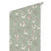 Mustertapete Vogeltapete Kraniche im Kirschblüten-Rausch Grün - Bloomery Decor 