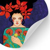 Muursticker Vrouw met rode bloemkroon en vogel - Hülya - Rond 