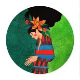 Poster Frau im Streifenkleid mit orangen Blüten - Hülya - Rund 