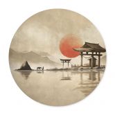 Poster Japanse tempel bij zonsopgang - Roze - Rond 