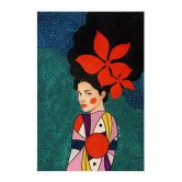 Textile poster woman with red flowers and patterned dress - Hülya 