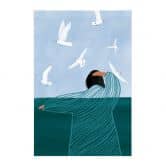 Affiche textile Femme avec mouettes à la mer - Müller 
