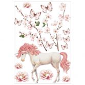 Sticker mural chambre d'enfant Licorne dans l'ivresse des fleurs roses Kikki Belle - 15 pièces - 50x70 cm 