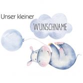 Wandtattoo Wunschname Junge + Kvilis - Flusspferd blauer Luftballon 