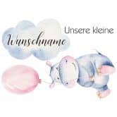 Wandtattoo Wunschname Mädchen + Kvilis - Kleines Flusspferd mit rosa Luftballon 