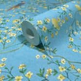 Non-woven wallpaper birds, flowers floral nature matt in blue  