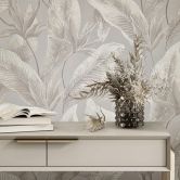 Non-woven wallpaper flowers, leaves floral nature in beige  