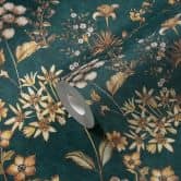 Papier peint fleuri Pétrole, jaune Vintage country papier peint Plantes, feuilles - Échantillon Papier peint intissé Fleurs 