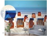 Fototapete mit Strandkörben am Meer Beige, Blau ,Illustration 2,70 x 1,59 m 