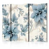 Paravent, Raumteiler freistehend, Trennwand - Turquoise Flowers in Retro Vibe; Floral Ornaments 