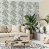Vliestapete in Grau Grün Bäume Blätter Dschungel Floral Natur  