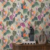 Blomstret tapet anthuriums farverig grøn beige - tropisk blomstermønster - Ikke-vævet tapet 