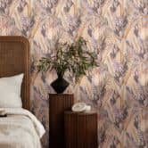 Jungle behang paars beige - pastelkleurige bladeren modern - Vliesbehang 