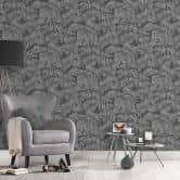 papier peint jungle anthracite gris argenté avec effet métallique - papier peint palmier 