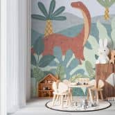 Fototapete Dinosaurier Dschungeloptik Bunt - Kinderzimmer Vliestapete  