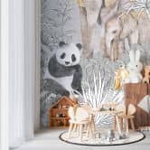 Tierwelt-Fototapete Grau Bunt - Dschungeltiere Panda Elefant Erdmännchen - Vliestapete 