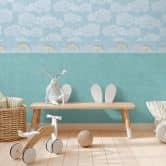 Borte mit Regenbogen und Wolken Blau Bunt - Kinderzimmer Bordüre mit Vögeln 