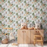 Bosdieren behang aquarel look groen beige - kinderkamer behang dieren 