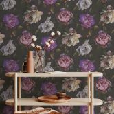 Florale Tapete mit Pfingstrosen Schwarz Lila – Elegante Blumentapete – Vliestapete 