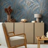 Papier peint jungle avec motif de feuilles bleu or - Papier peint intissé exotique moderne & expressif 