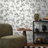 Bloemen aquarel behang wit grijs - Vliesbehang met bladeren - licht patroon behang modern 